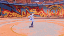 a girl with long white hair is standing in a circle in front of a wall with graffiti