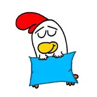 a cartoon chicken is holding a blue pillow