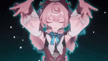 a pink haired anime girl with her eyes closed and her hands outstretched .
