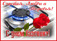 a greeting card with a stove top and a red rose with russian text
