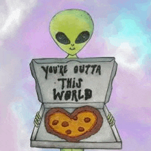 Alien Holding A Box Of Pizza Heart-shaped Pizza GIF - Alien Holding A Box Of Pizza Heart-shaped Pizza You'Re Outta This World GIFs