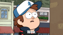 a cartoon character says wow in front of buildings
