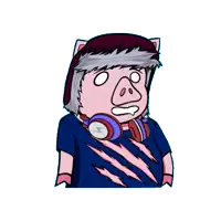 a cartoon of a pig wearing headphones and a furry hat