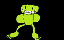a drawing of a green frog with a big smile on its face and arms and legs .