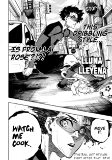 a soccer player is dribbling a soccer ball down a street while a cat looks on .