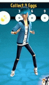 a boy with blue hair is standing in front of a screen that says collect eggs