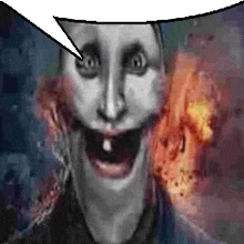a black and white photo of a scary clown with a speech bubble .