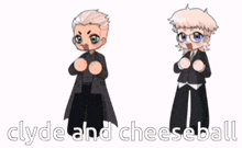 two cartoon characters with the words clyde and cheeseball written below them