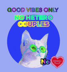 a cat wearing sunglasses with the words good vibes only no hetero couples above it