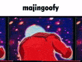 a picture of a man in a red jacket with majingoofy written above him