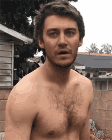 a shirtless man with a beard looks at the camera