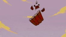 a cartoon cat is standing on a table holding a sword