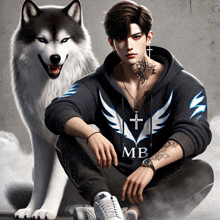 a man wearing a hoodie that says mb sits next to a husky