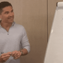 a man is standing in front of a whiteboard with a pen in his hand
