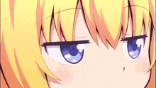 a close up of a anime girl 's face with blue eyes