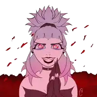 a drawing of a girl with red eyes and the letter c on the bottom right