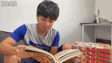 a man reading a book with the time 10:22