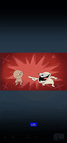 a cartoon of a man pointing at another man with a lol button below them