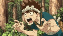 a cartoon character with a bandana around his head screaming in the woods