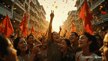 a crowd of people holding red flags and confetti with the words minimax on the bottom right