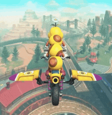 a video game character is riding a yellow motorcycle with a purple wing