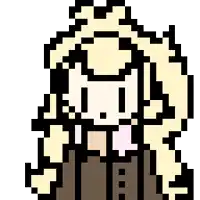 a pixel art drawing of a girl with blonde hair and a pink shirt .
