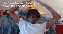 a man in a white shirt is excited and talking about a new flag