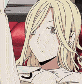 a close up of a blonde anime girl with a number 7 on her shirt .
