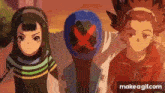 a group of anime characters are standing next to each other and one of them has a mask on his face .