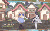 two anime girls are standing in front of a village