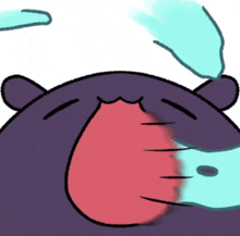 a cartoon drawing of a purple bear with a red nose