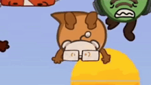 a cartoon dog wearing glasses is laying on its back