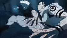 a cartoon of a man fighting another man in a dark room .