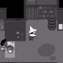 a black and white cartoon of a witch in a room