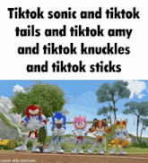 a group of sonic characters are standing next to each other on a tennis court