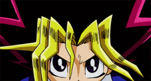 a cartoon character with yellow hair and purple eyes