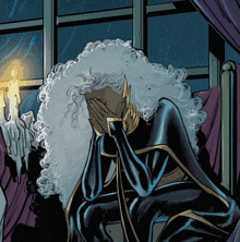 a drawing of a woman with curly hair covering her face