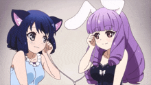 two anime girls one with cat ears and one with purple hair are holding hands