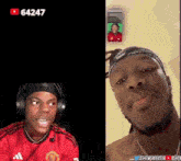 a man wearing headphones and a red shirt with the number 64247 on the bottom right
