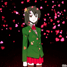 a picture of a girl with hearts falling around her