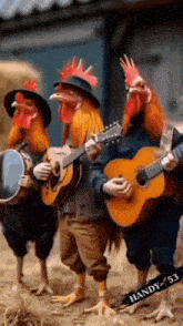three roosters are playing guitars and tambourine in a painting by handy 53