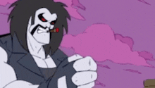 a cartoon character is smoking a cigarette in front of a purple background .