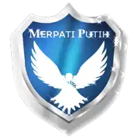 a blue shield with a white dove and the word merpati putih on it
