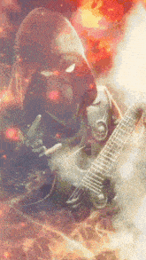 a painting of a person playing a guitar with smoke coming out of it