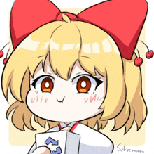 a drawing of a girl with a red bow on her head holding a card with the number 3 on it