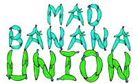 a logo for mad banana union with green and pink bananas
