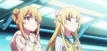 two anime girls are standing next to each other and looking up at the sky .