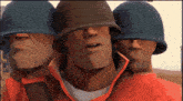three soldiers with helmets on their faces are standing next to each other