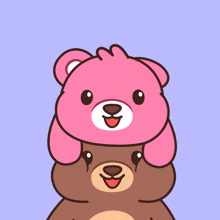 two teddy bears are stacked on top of each other with a pink teddy bear on top of a brown teddy bear
