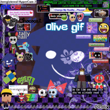 a purple background with cartoon characters and the words olive gif on it